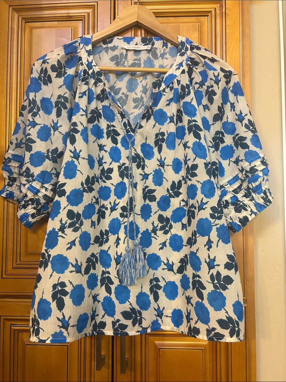 Blue Floral Tie-Neck Women’s Blouse